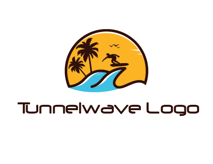 sun behind surfer surfing on waves and palm trees
