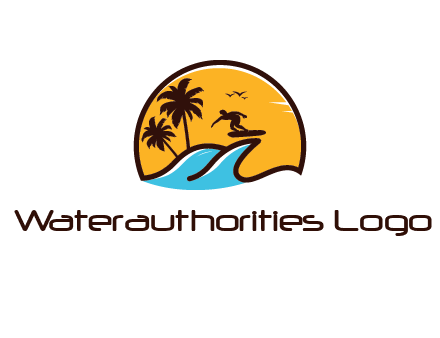 sun behind surfer surfing on waves and palm trees