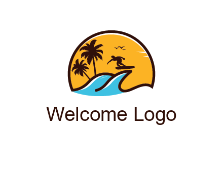 sun behind surfer surfing on waves and palm trees