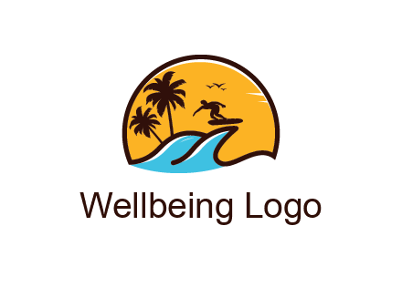 sun behind surfer surfing on waves and palm trees