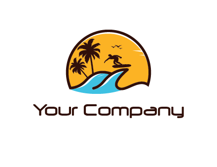 sun behind surfer surfing on waves and palm trees