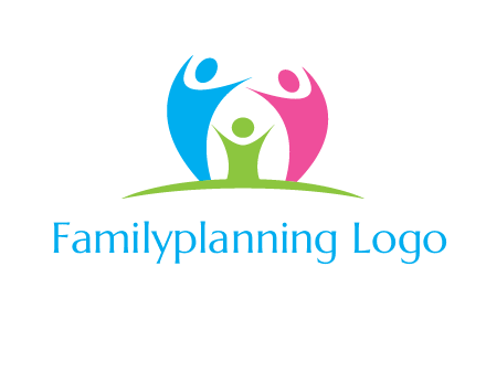 happy family with hands up symbol