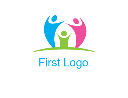 happy family with hands up symbol