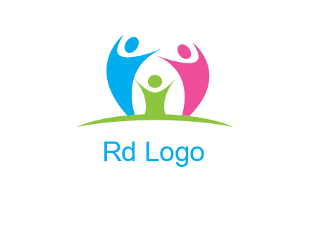 happy family with hands up symbol