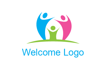 happy family with hands up symbol