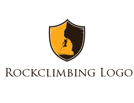 mountain climber hanging off cliff in shield