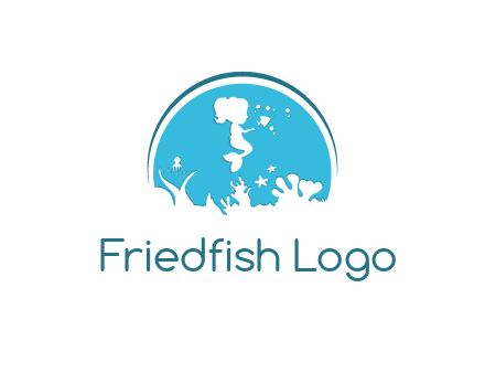 baby mermaid in sea with negative spacing corals in circle