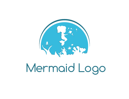 baby mermaid in sea with negative spacing corals in circle