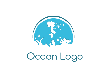 baby mermaid in sea with negative spacing corals in circle
