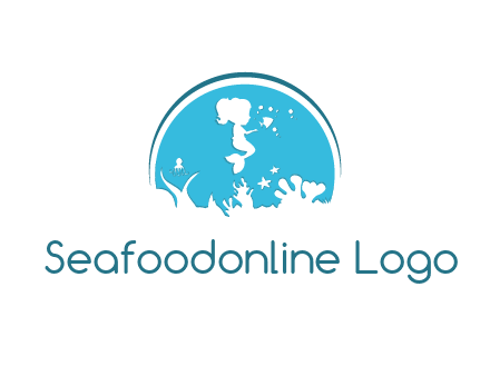baby mermaid in sea with negative spacing corals in circle