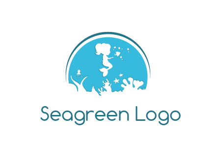 baby mermaid in sea with negative spacing corals in circle