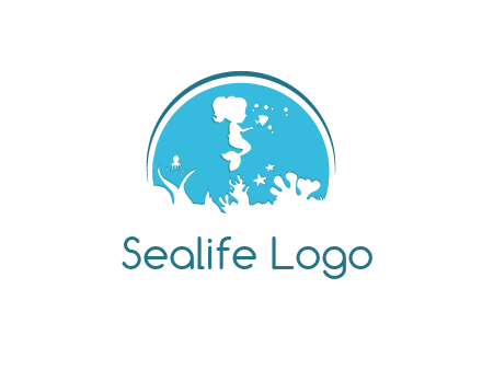 baby mermaid in sea with negative spacing corals in circle