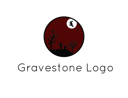 moon behind witch flying above graveyard