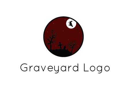 moon behind witch flying above graveyard