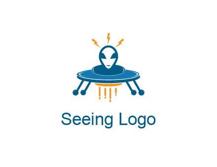 UFO with alien head and lightning bolts