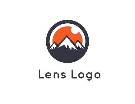 sun as camera lens behind snow caped mountains in circle