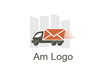skyscrapers behind truck with envelope