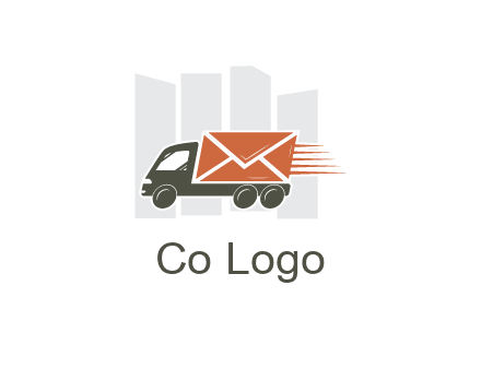 skyscrapers behind truck with envelope
