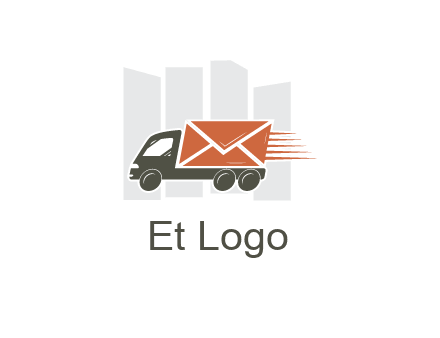 skyscrapers behind truck with envelope