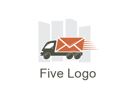 skyscrapers behind truck with envelope