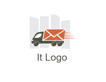skyscrapers behind truck with envelope