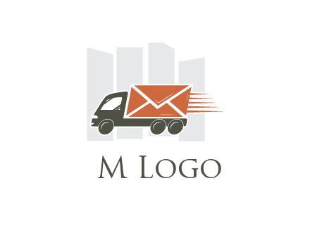 skyscrapers behind truck with envelope