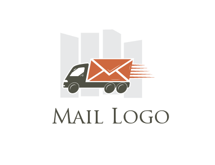 skyscrapers behind truck with envelope