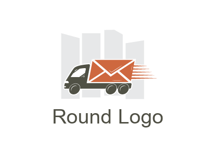 skyscrapers behind truck with envelope