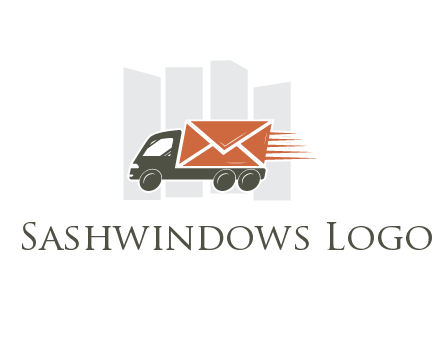 skyscrapers behind truck with envelope