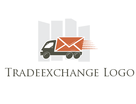 skyscrapers behind truck with envelope