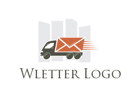 skyscrapers behind truck with envelope