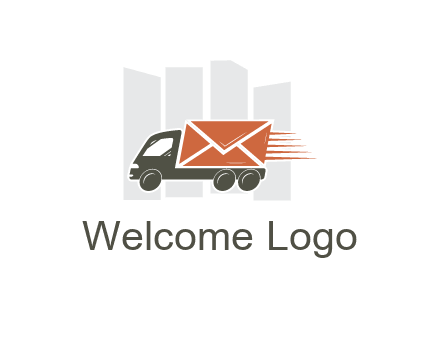 skyscrapers behind truck with envelope