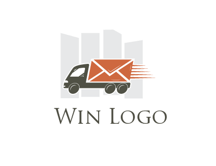 skyscrapers behind truck with envelope