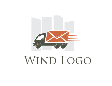 skyscrapers behind truck with envelope