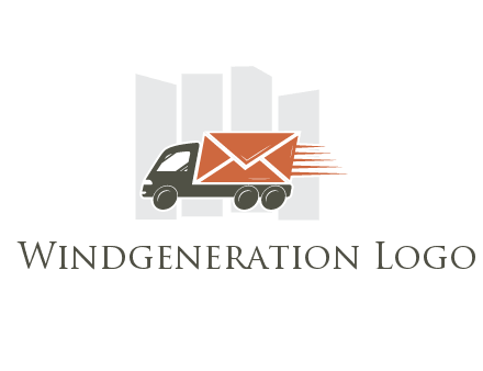 skyscrapers behind truck with envelope