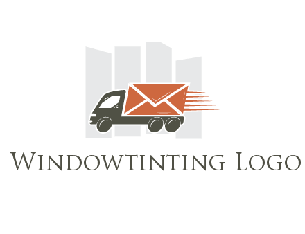 skyscrapers behind truck with envelope