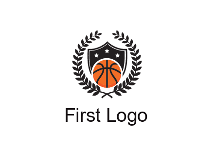 shield behind basketball with leaves
