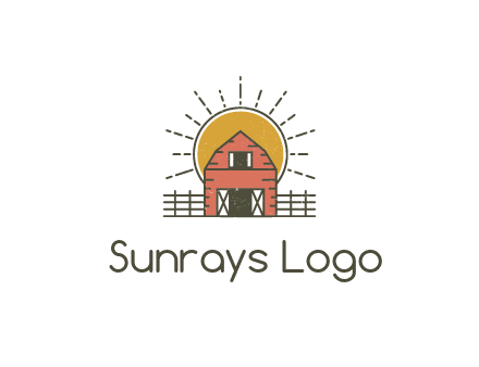 sun behind farmhouse with fence