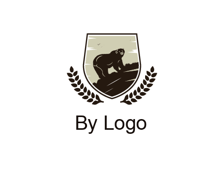 bear climbing hill in shield with leaves