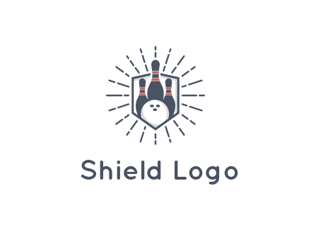 bowling pins and ball in shield with sparkles