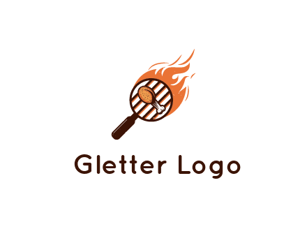 BBQ leg piece in magnifying glass with flame