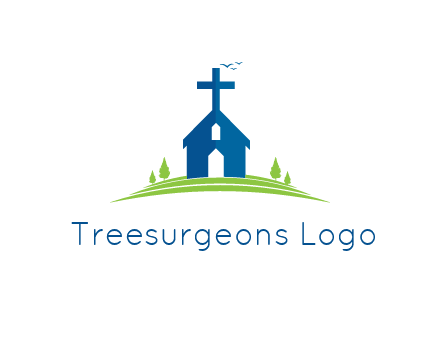 church in field with trees and bird