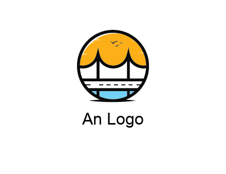 abstract cable bridge with sea and road in circle
