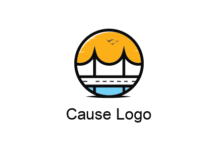 abstract cable bridge with sea and road in circle