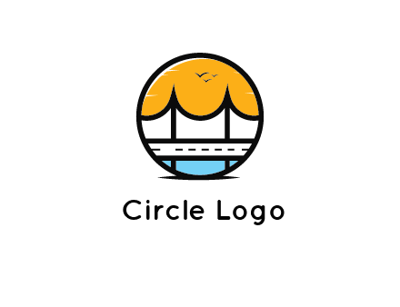 abstract cable bridge with sea and road in circle