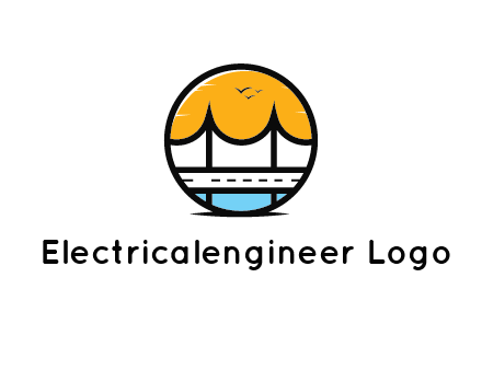 abstract cable bridge with sea and road in circle