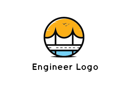 abstract cable bridge with sea and road in circle