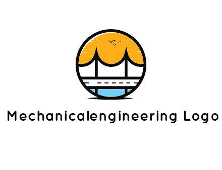 abstract cable bridge with sea and road in circle