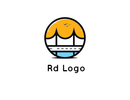 abstract cable bridge with sea and road in circle