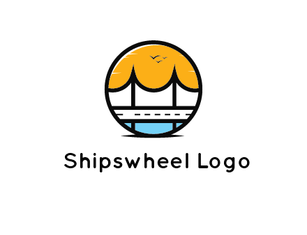 abstract cable bridge with sea and road in circle
